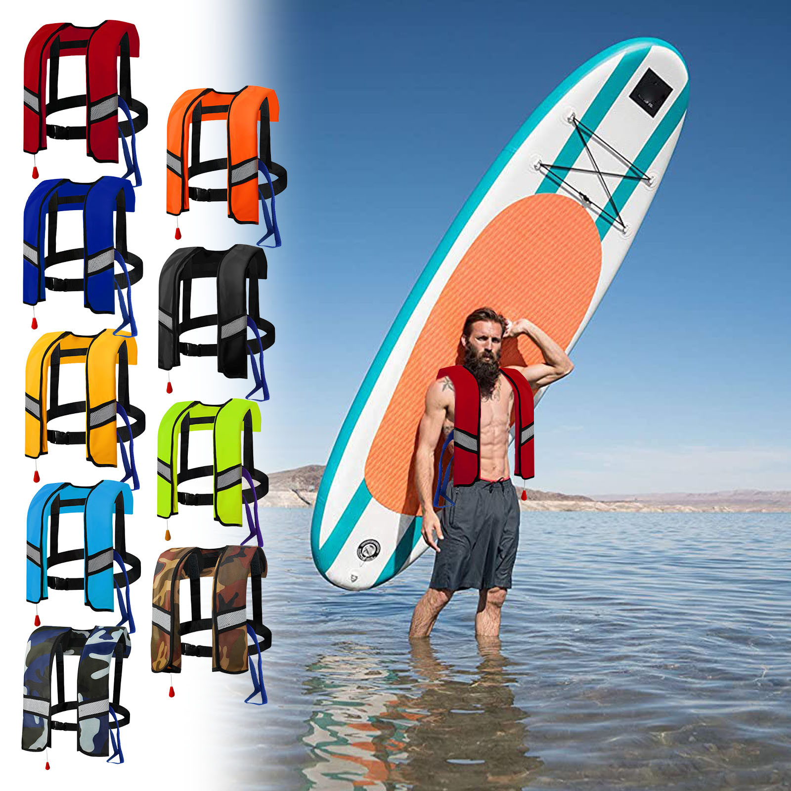 Littleplum Automatic Inflatable Life Jacket Life Jackets Automatic Inflation Nylon Adjustable Buckle Swim Vest with Reflective Strips Extra Tube Portable Water Sports Life Vest,Orange